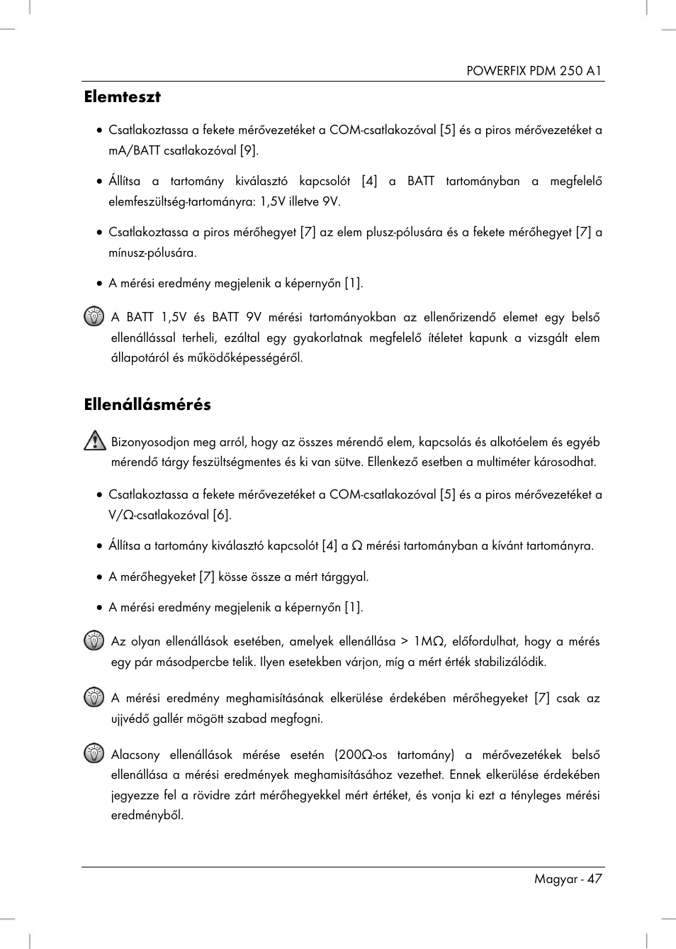 Elemteszt, Ellenállásmérés | Powerfix PDM 250 A1 User Manual | Page 49 / 108