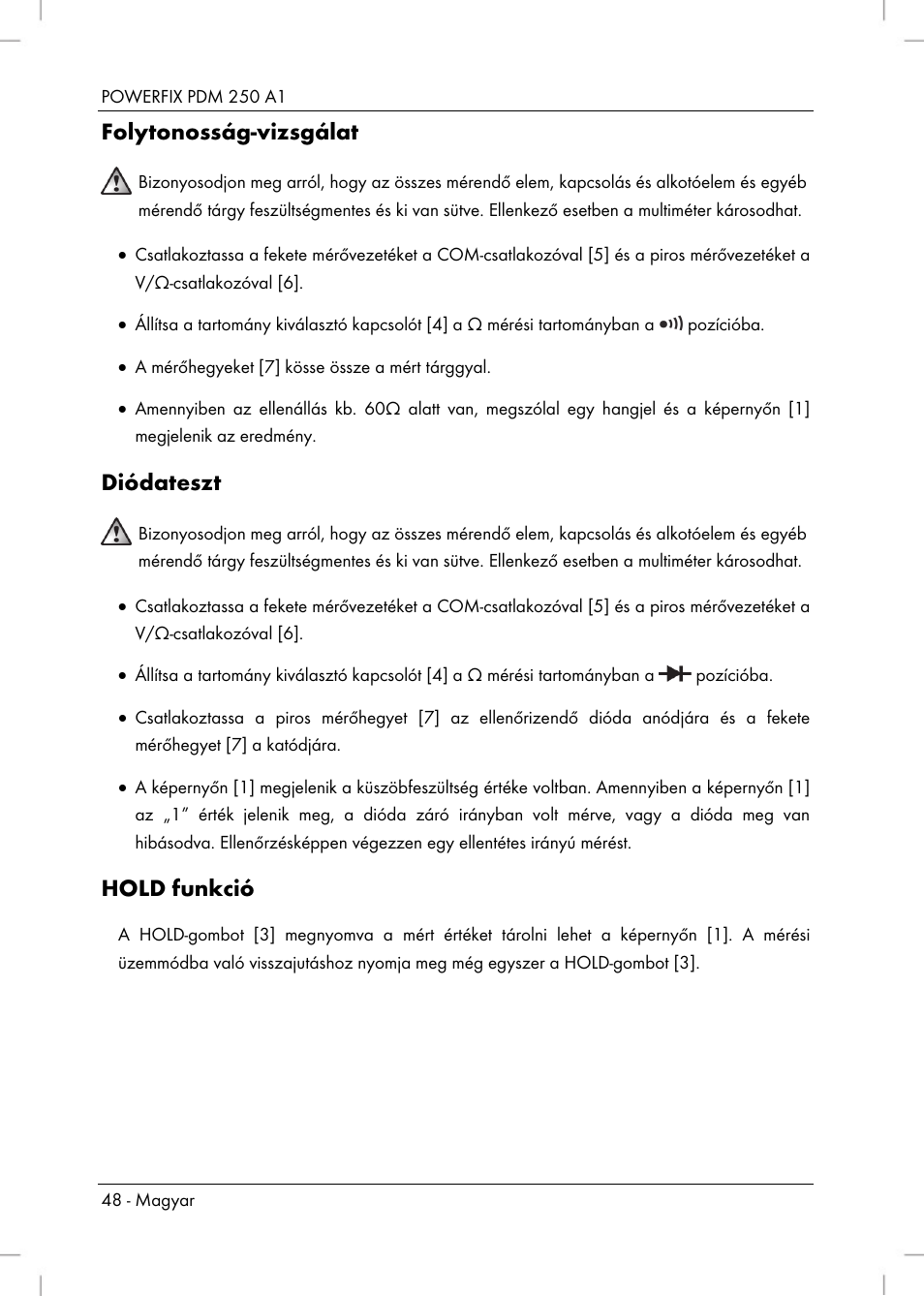 Folytonosság-vizsgálat, Diódateszt, Hold funkció | Powerfix PDM 250 A1 User Manual | Page 50 / 108