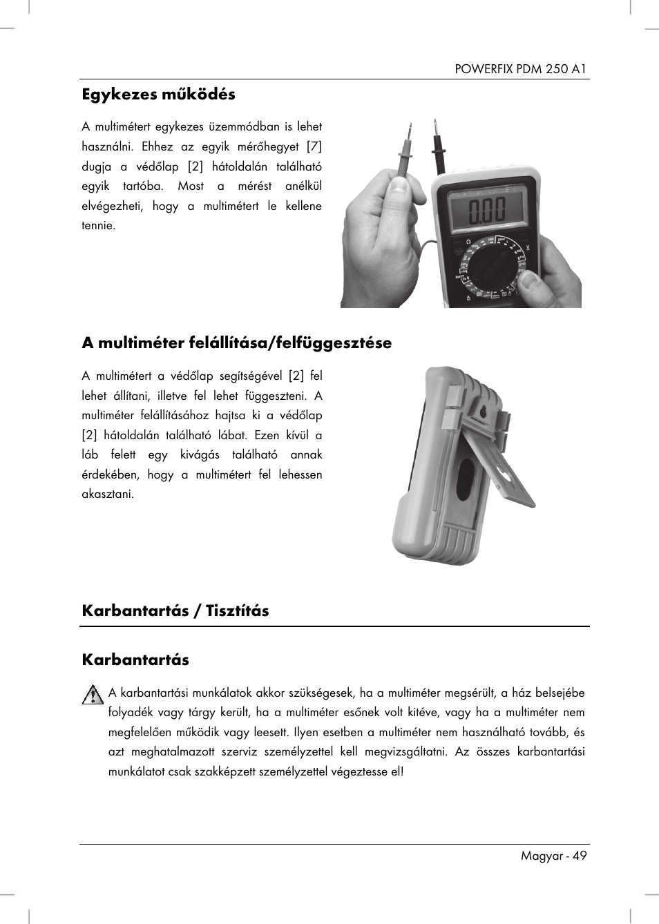 Egykezes működés, A multiméter felállítása/felfüggesztése, Karbantartás / tisztítás karbantartás | Powerfix PDM 250 A1 User Manual | Page 51 / 108