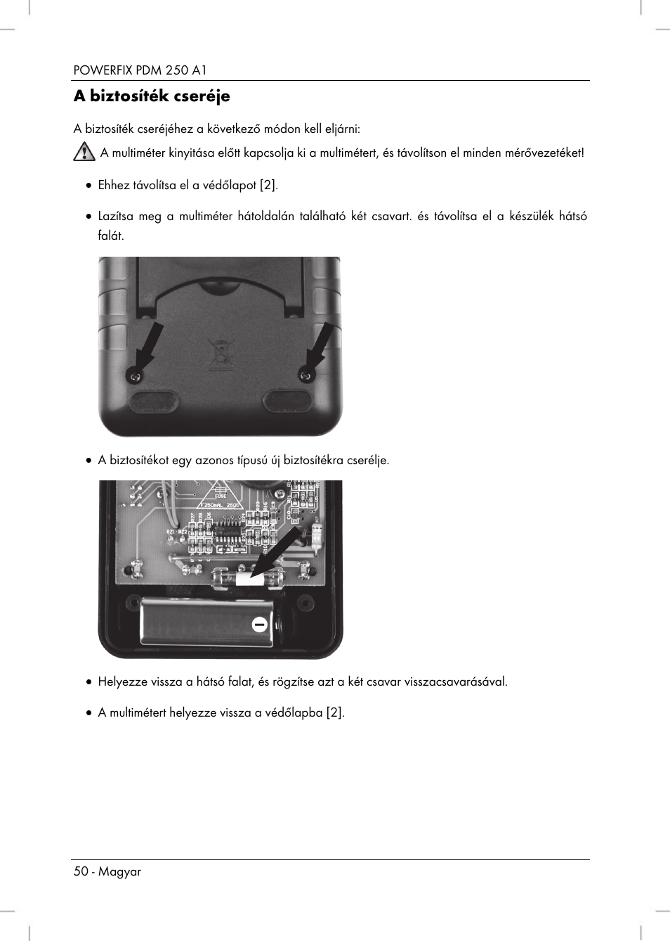 A biztosíték cseréje | Powerfix PDM 250 A1 User Manual | Page 52 / 108