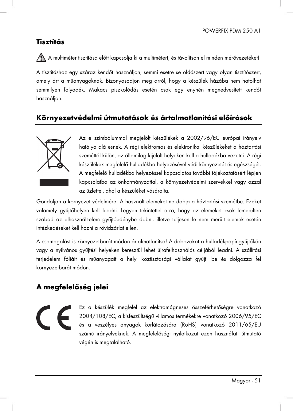 Tisztítás, A megfelelőség jelei | Powerfix PDM 250 A1 User Manual | Page 53 / 108