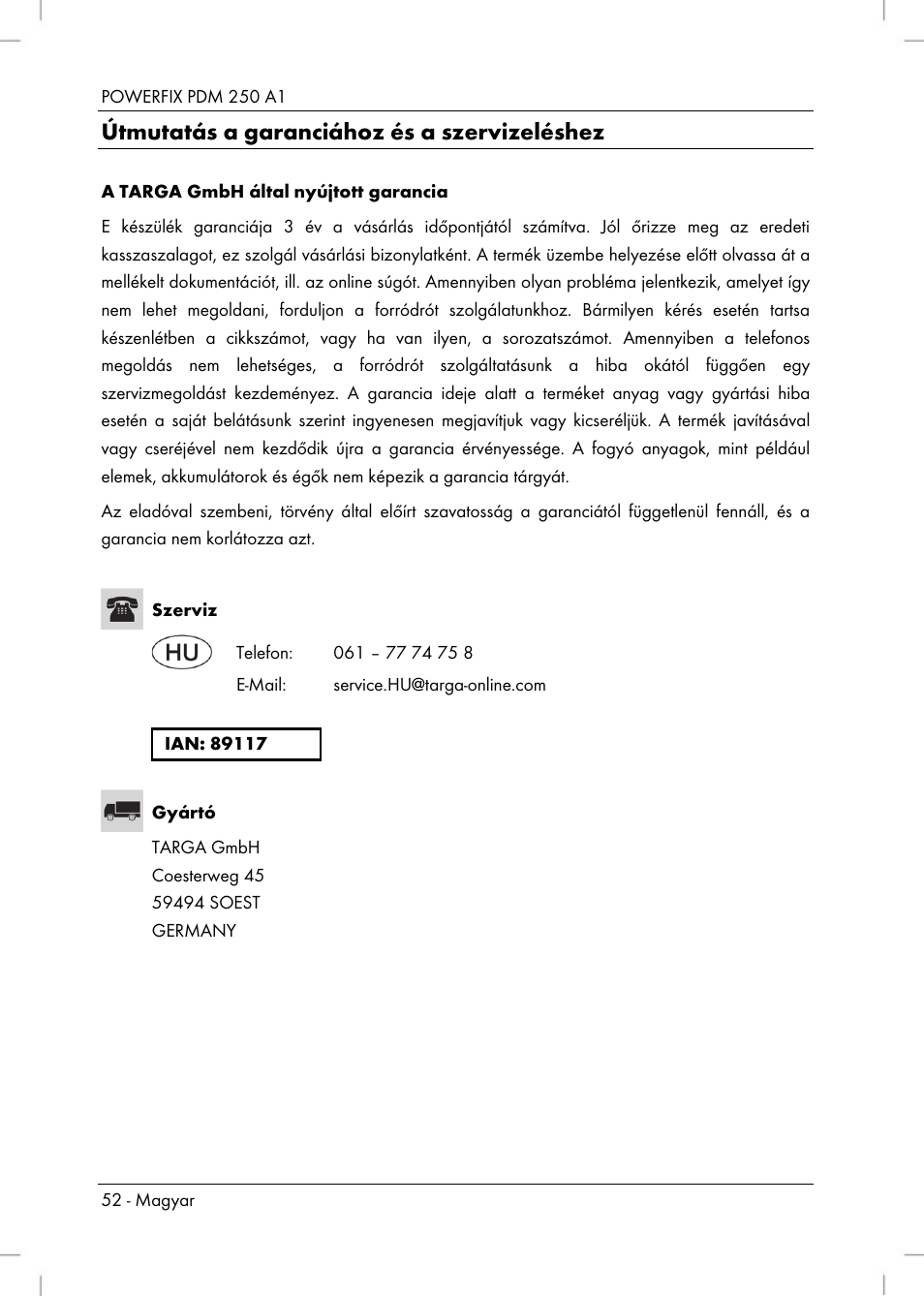 Útmutatás a garanciához és a szervizeléshez | Powerfix PDM 250 A1 User Manual | Page 54 / 108