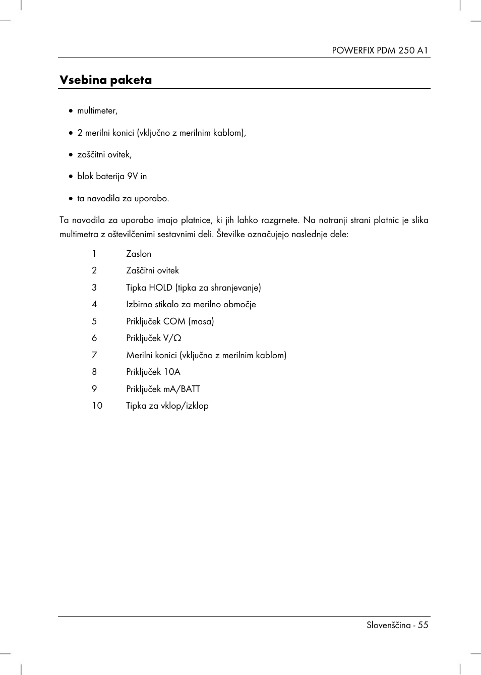 Vsebina paketa | Powerfix PDM 250 A1 User Manual | Page 57 / 108