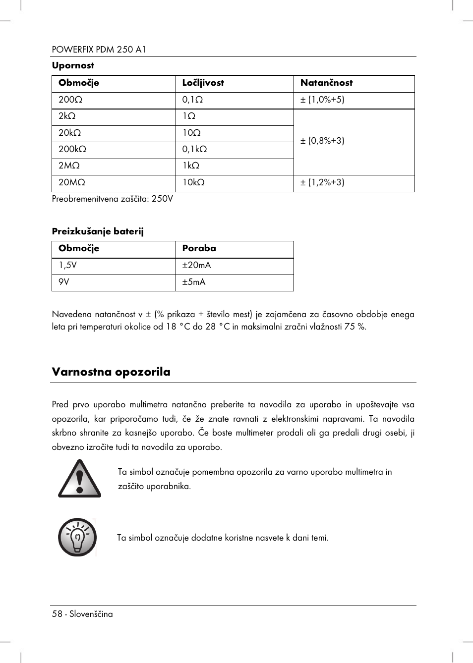 Varnostna opozorila | Powerfix PDM 250 A1 User Manual | Page 60 / 108