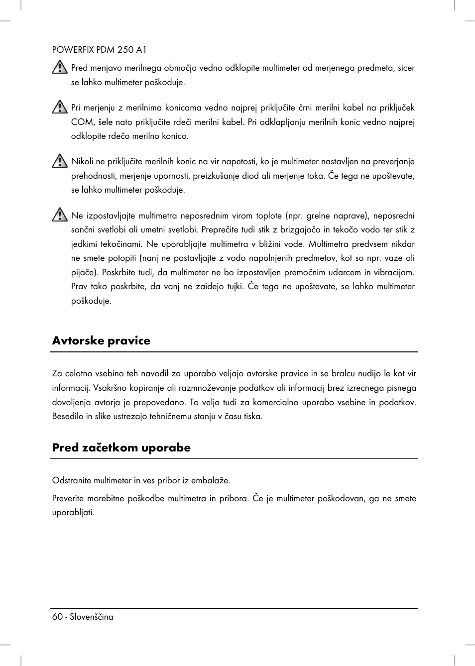 Avtorske pravice, Pred začetkom uporabe | Powerfix PDM 250 A1 User Manual | Page 62 / 108