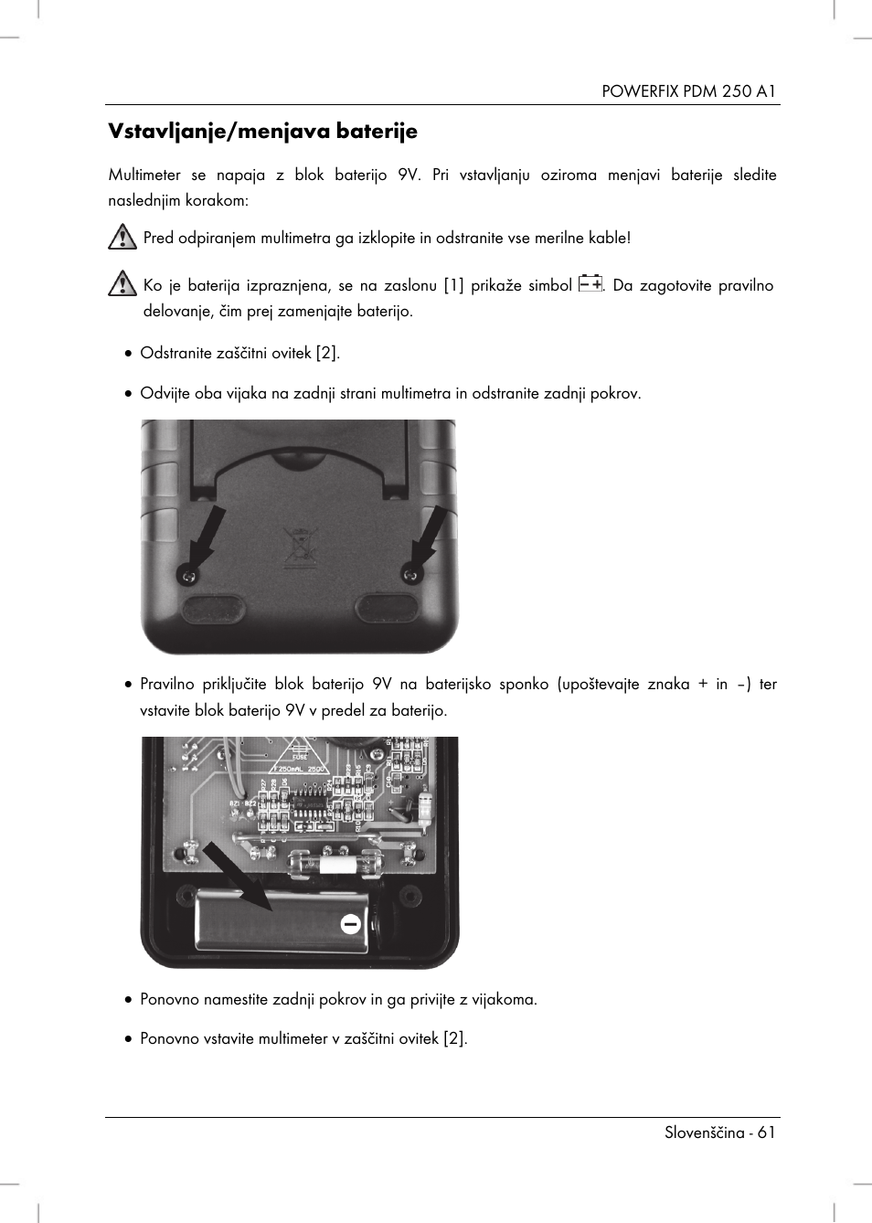 Vstavljanje/menjava baterije | Powerfix PDM 250 A1 User Manual | Page 63 / 108