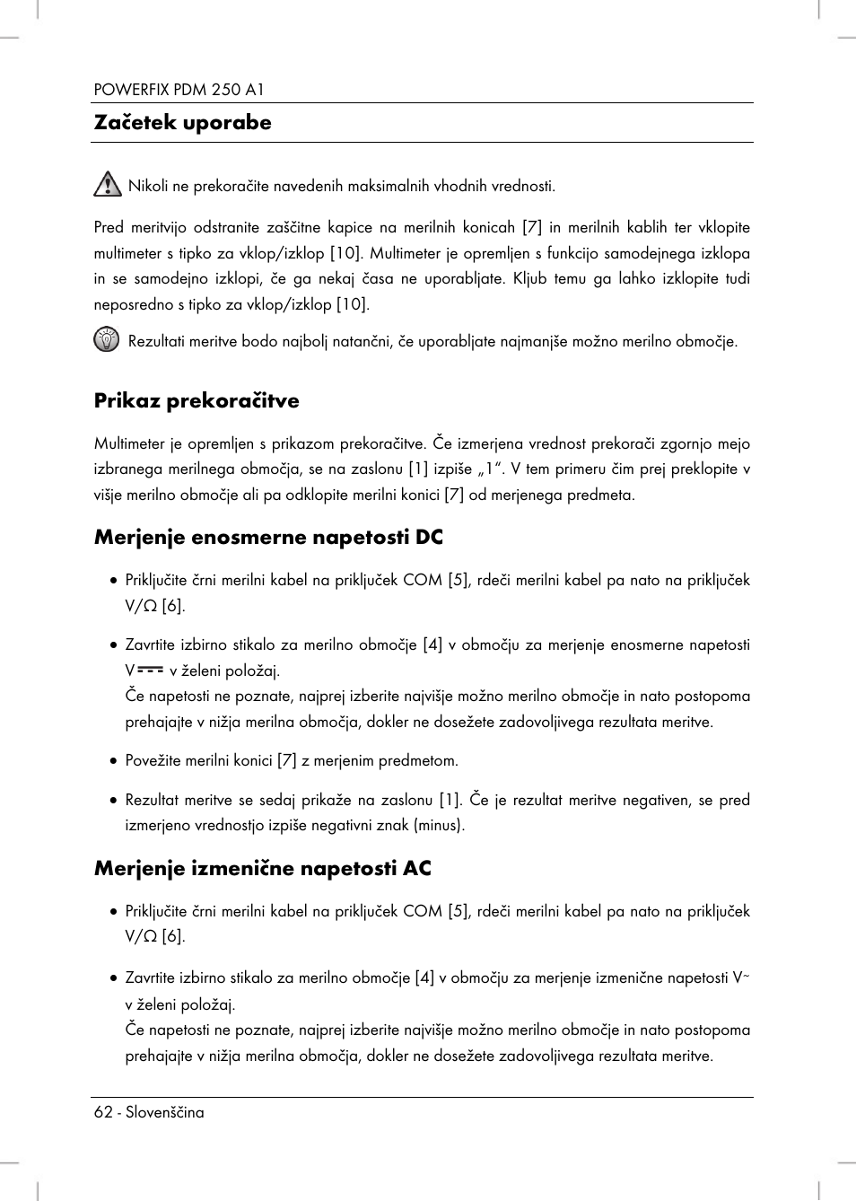 Začetek uporabe, Prikaz prekoračitve, Merjenje enosmerne napetosti dc | Merjenje izmenične napetosti ac | Powerfix PDM 250 A1 User Manual | Page 64 / 108