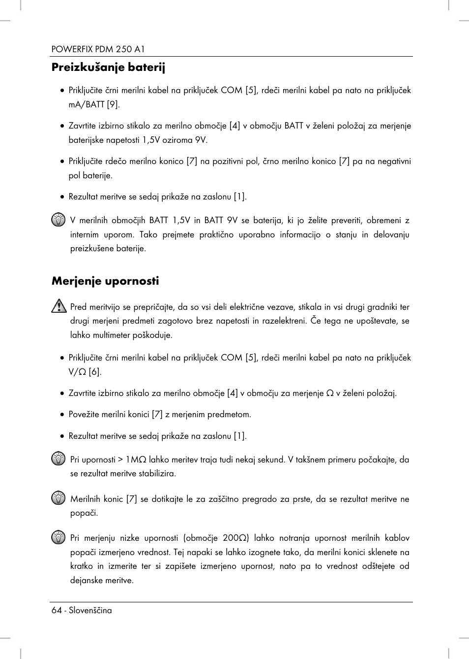 Preizkušanje baterij, Merjenje upornosti | Powerfix PDM 250 A1 User Manual | Page 66 / 108