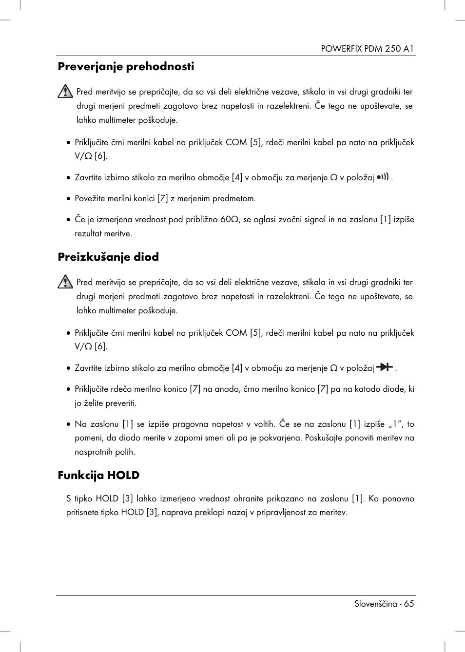 Preverjanje prehodnosti, Preizkušanje diod, Funkcija hold | Powerfix PDM 250 A1 User Manual | Page 67 / 108