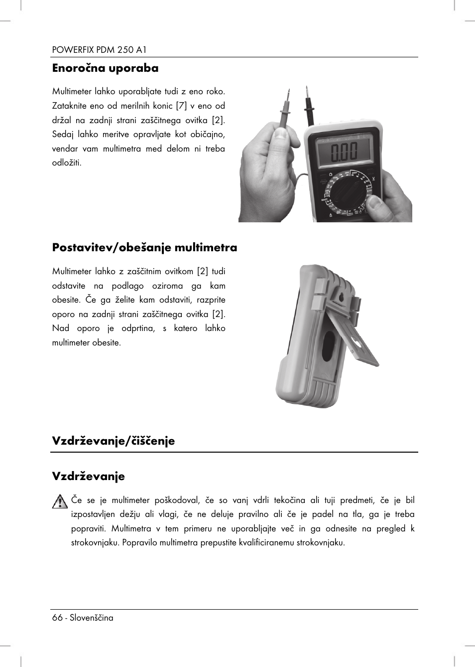 Enoročna uporaba, Postavitev/obešanje multimetra, Vzdrževanje/čiščenje vzdrževanje | Powerfix PDM 250 A1 User Manual | Page 68 / 108