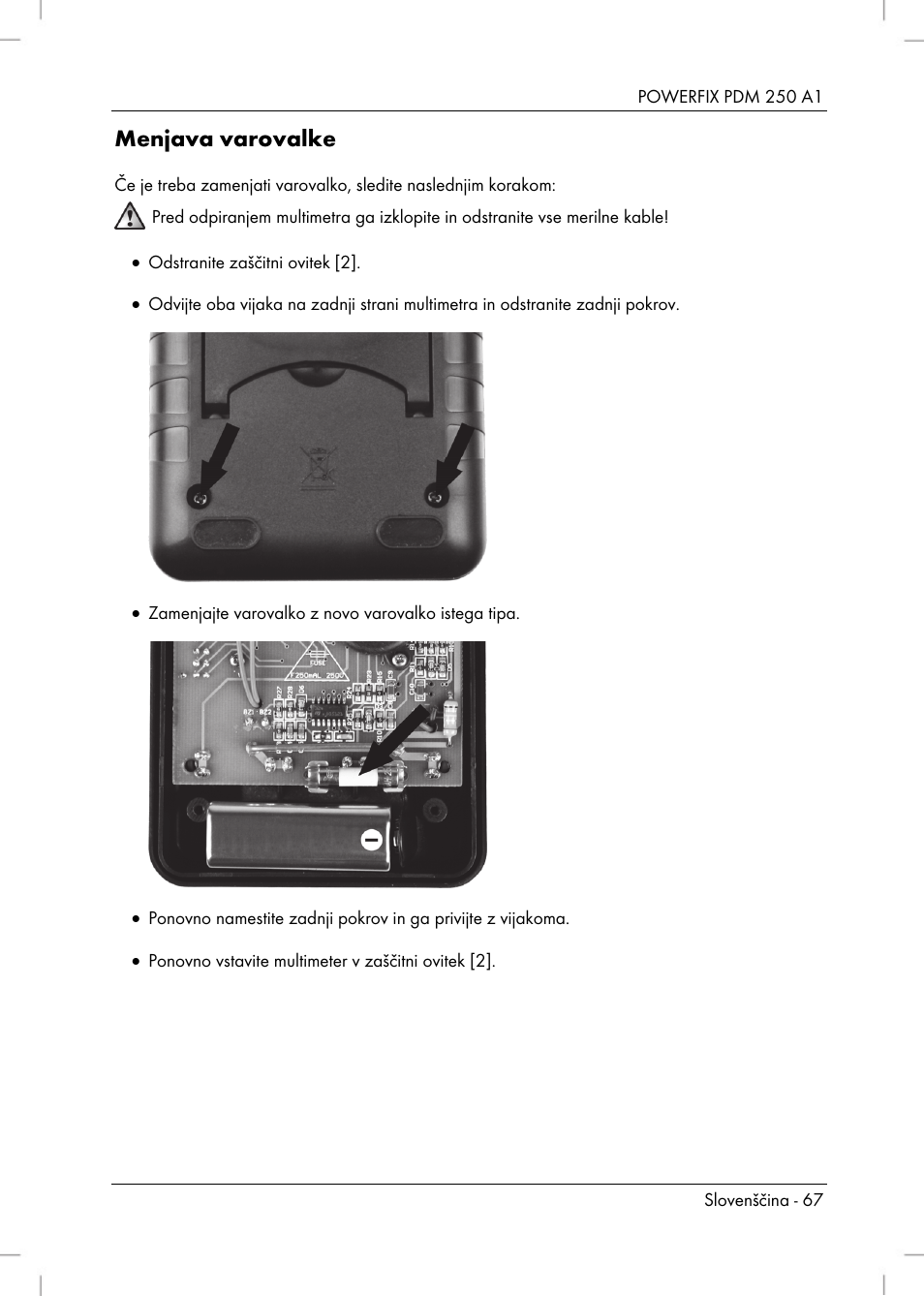 Menjava varovalke | Powerfix PDM 250 A1 User Manual | Page 69 / 108