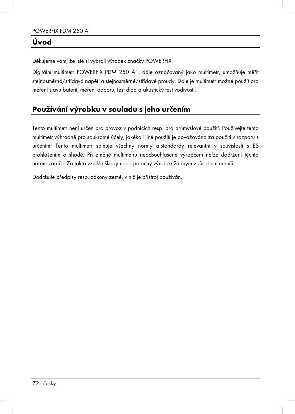 Úvod, Používání výrobku v souladu s jeho určením | Powerfix PDM 250 A1 User Manual | Page 74 / 108