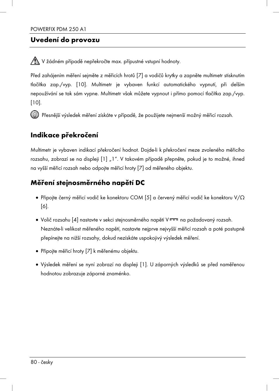 Uvedení do provozu, Indikace překročení, Měření stejnosměrného napětí dc | Powerfix PDM 250 A1 User Manual | Page 82 / 108