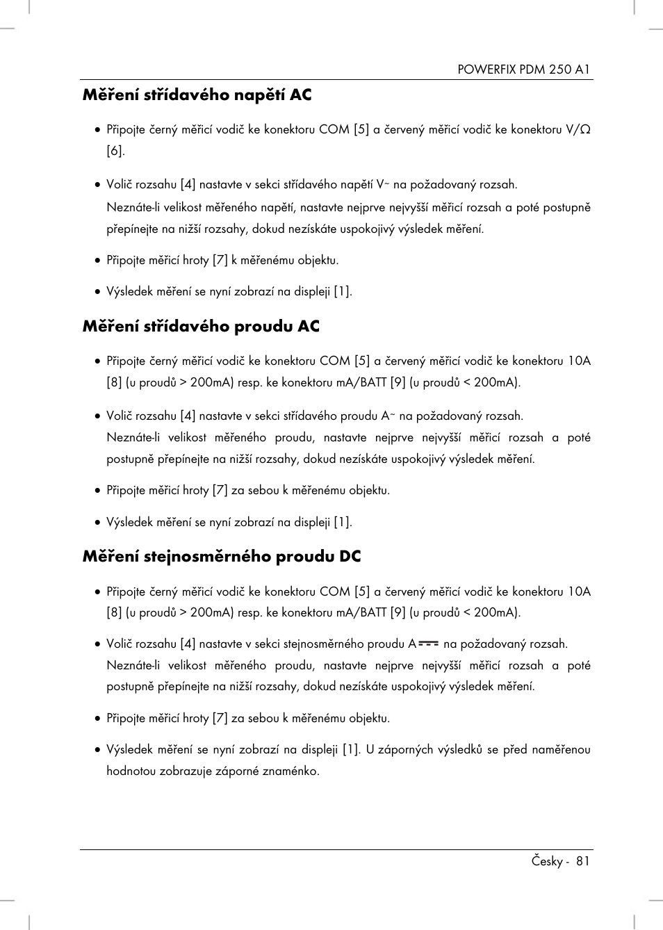 Měření střídavého napětí ac, Měření střídavého proudu ac, Měření stejnosměrného proudu dc | Powerfix PDM 250 A1 User Manual | Page 83 / 108