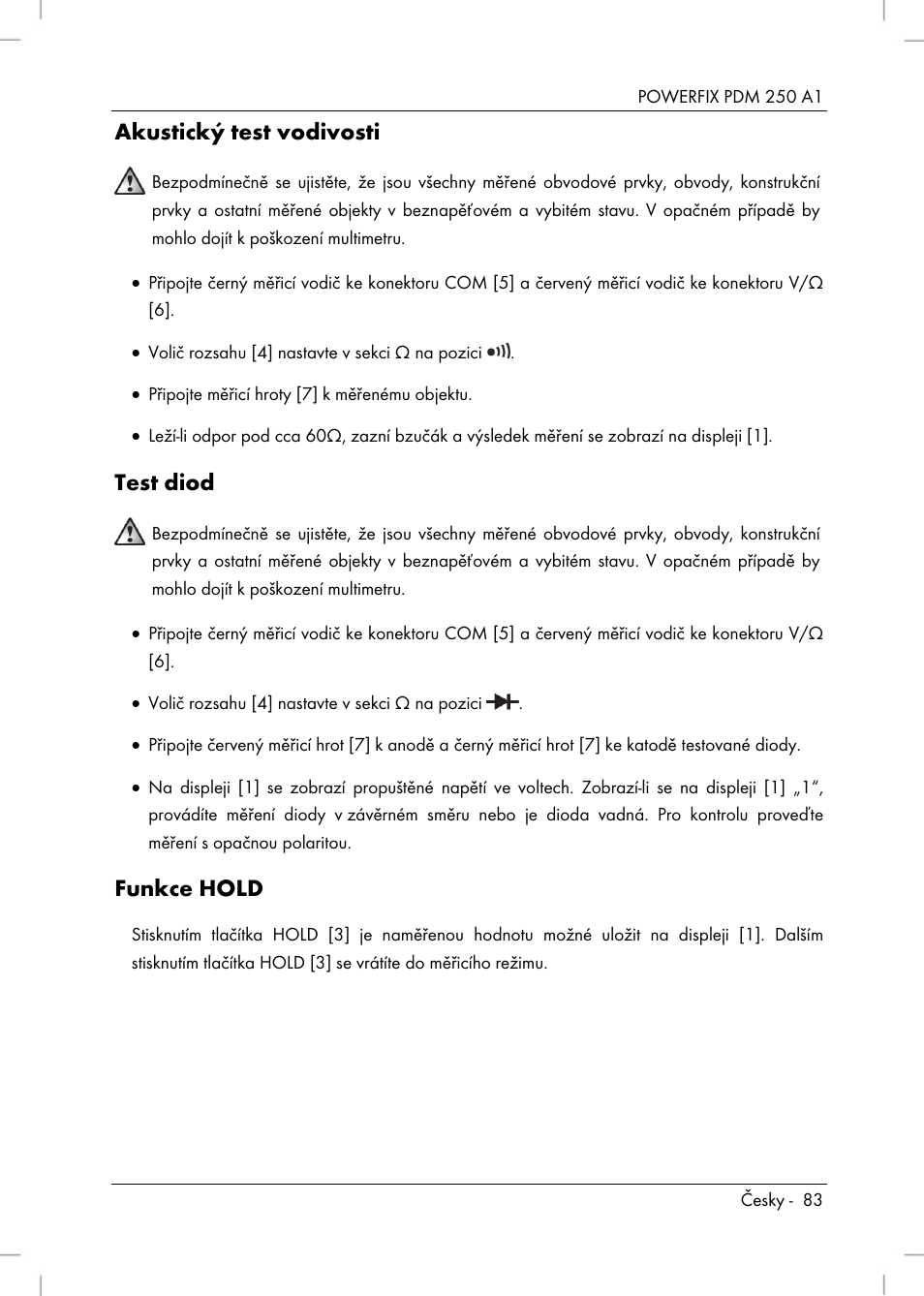Akustický test vodivosti, Test diod, Funkce hold | Powerfix PDM 250 A1 User Manual | Page 85 / 108