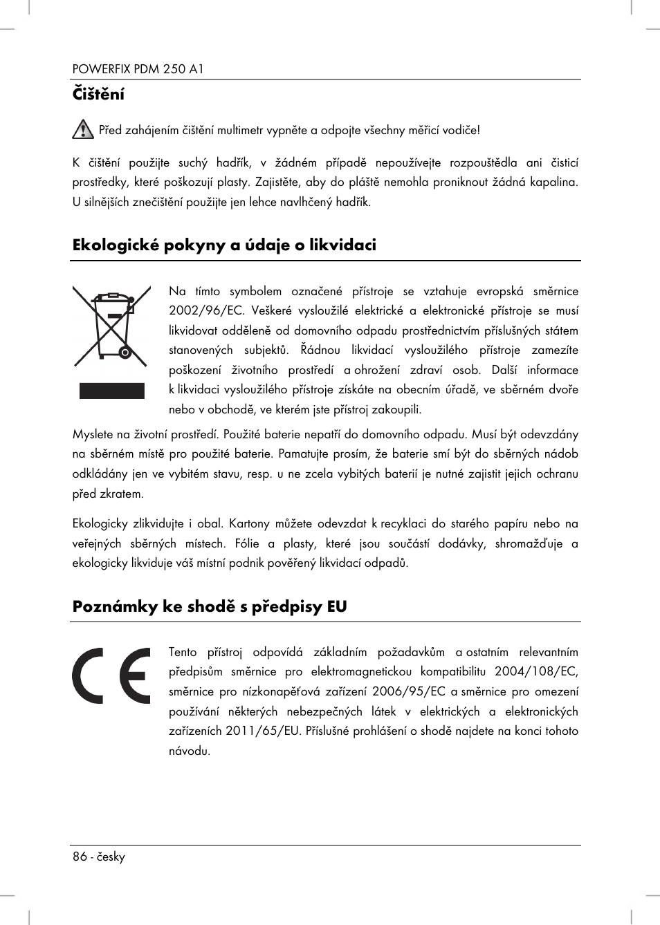 Čištění, Ekologické pokyny a údaje o likvidaci, Poznámky ke shodě s předpisy eu | Powerfix PDM 250 A1 User Manual | Page 88 / 108
