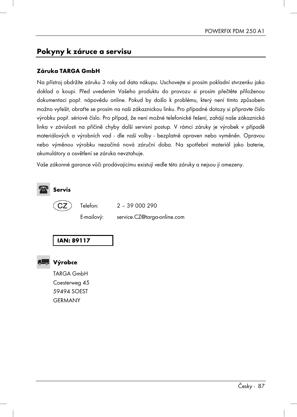 Pokyny k záruce a servisu | Powerfix PDM 250 A1 User Manual | Page 89 / 108