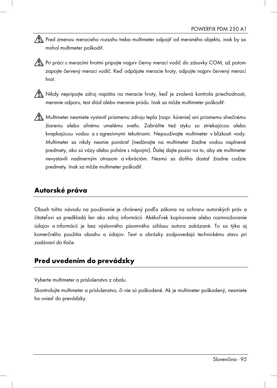Autorské práva, Pred uvedením do prevádzky | Powerfix PDM 250 A1 User Manual | Page 97 / 108