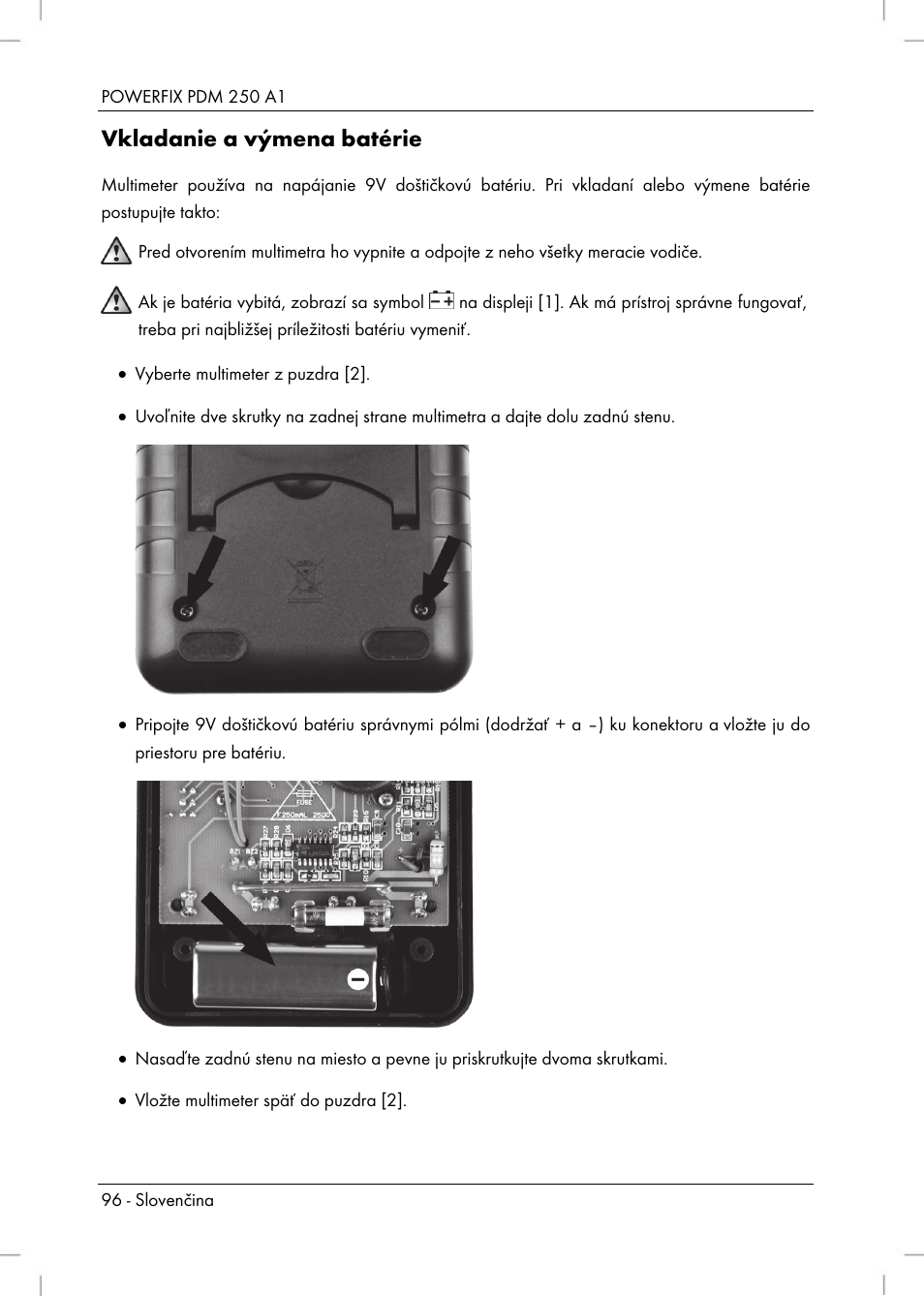 Vkladanie a výmena batérie | Powerfix PDM 250 A1 User Manual | Page 98 / 108