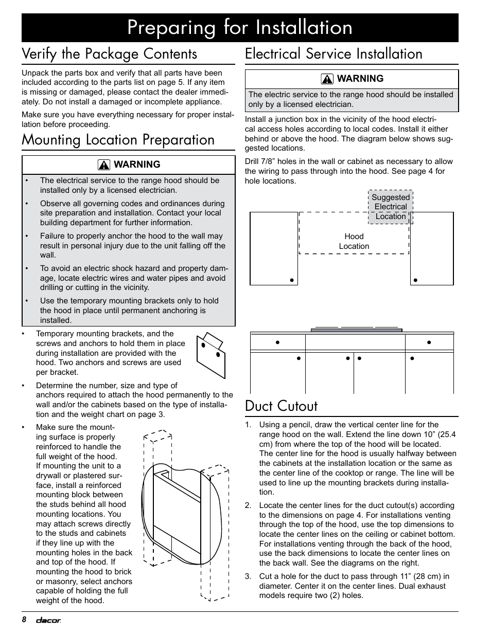Preparing for installation, Electrical service installation, Duct cutout | Verify the package contents, Mounting location preparation | Dacor EH36 User Manual | Page 10 / 48