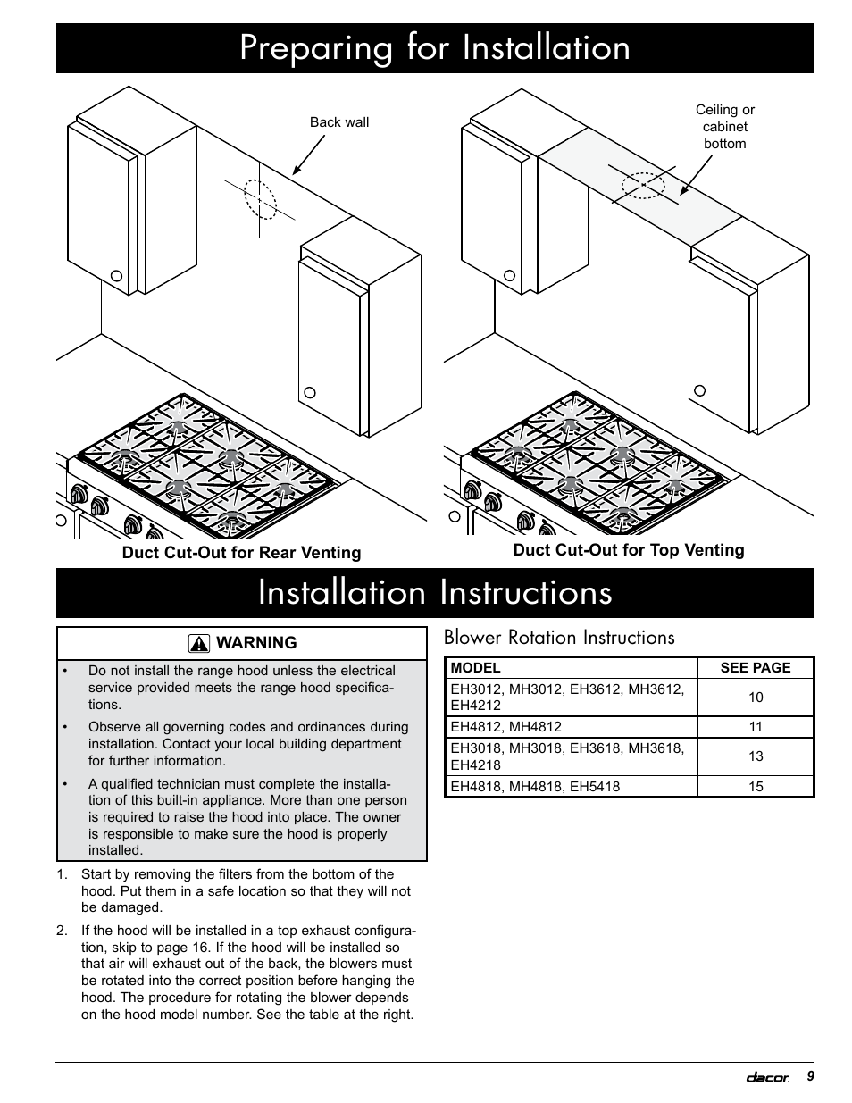 Preparing for installation, Installation instructions, Blower rotation instructions | Dacor EH36 User Manual | Page 11 / 48