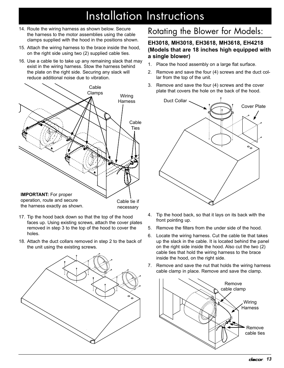 Installation instructions, Rotating the blower for models | Dacor EH36 User Manual | Page 15 / 48