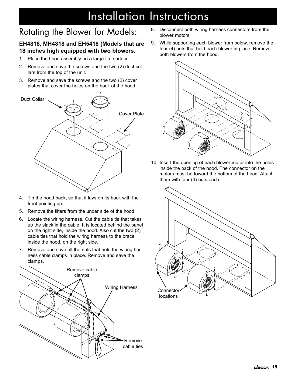 Installation instructions, Rotating the blower for models | Dacor EH36 User Manual | Page 17 / 48