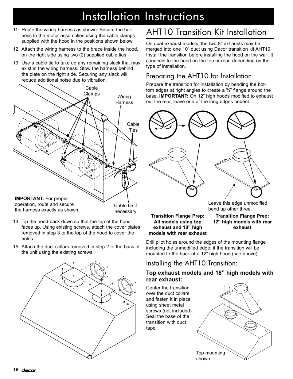 Installation instructions, Aht10 transition kit installation, Preparing the aht10 for installation | Installing the aht10 transition | Dacor EH36 User Manual | Page 18 / 48