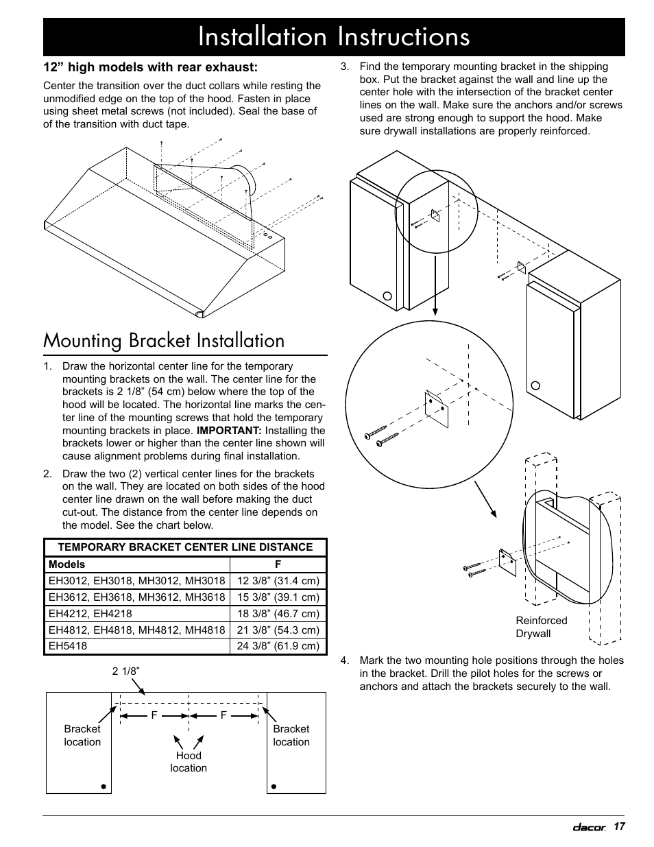 Installation instructions, Mounting bracket installation | Dacor EH36 User Manual | Page 19 / 48