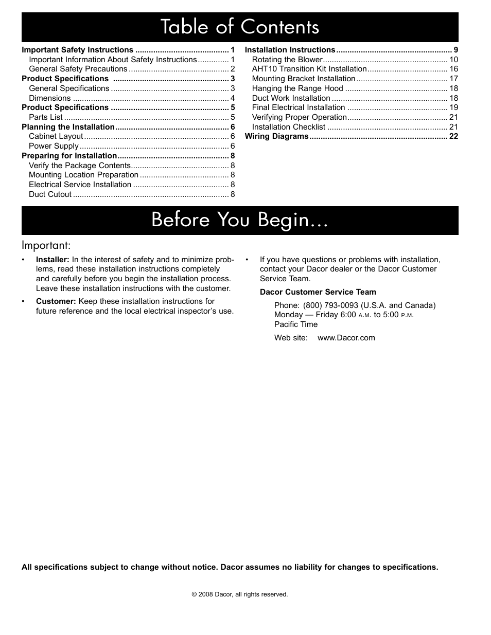 Table of contents before you begin, Important | Dacor EH36 User Manual | Page 2 / 48
