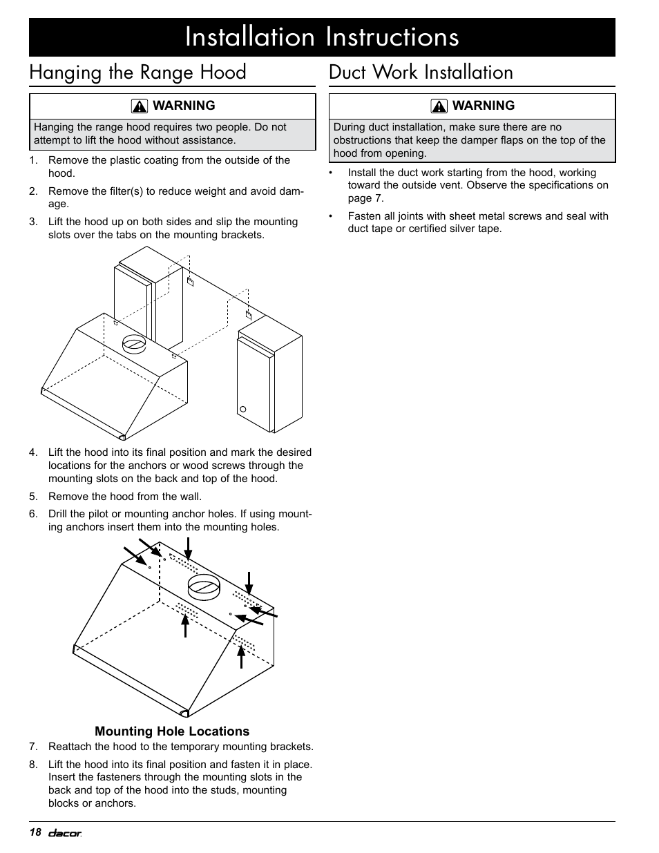 Installation instructions, Duct work installation, Hanging the range hood | Dacor EH36 User Manual | Page 20 / 48