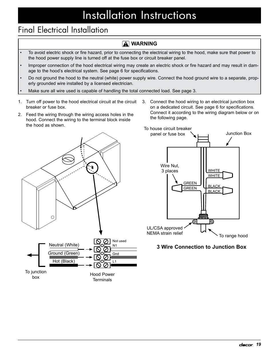 Installation instructions, Final electrical installation | Dacor EH36 User Manual | Page 21 / 48