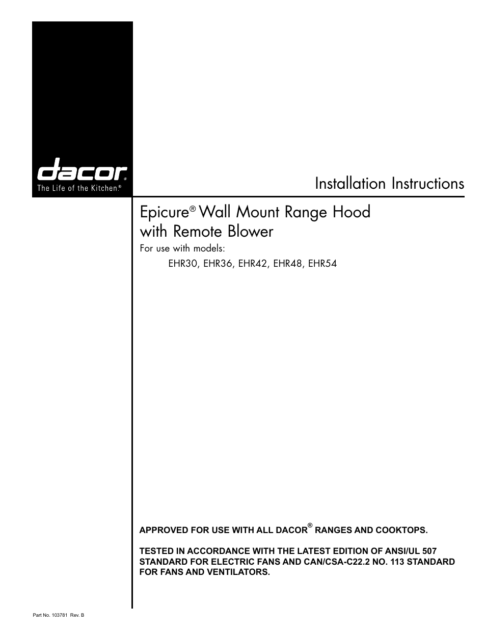 Installation instructions epicure, Wall mount range hood with remote blower | Dacor EH36 User Manual | Page 29 / 48