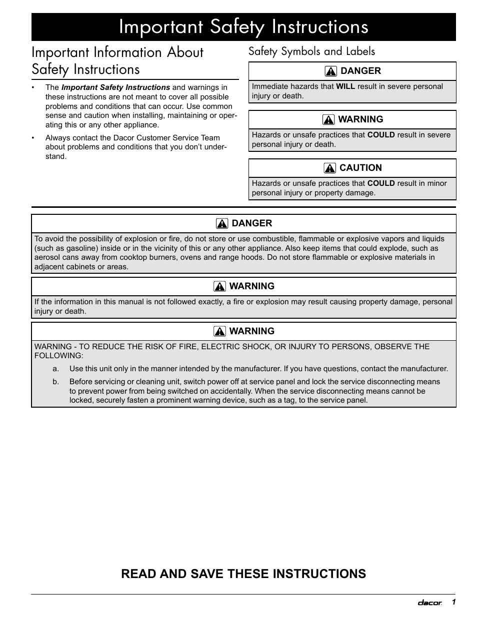 Important safety instructions, Important information about safety instructions, Read and save these instructions | Safety symbols and labels | Dacor EH36 User Manual | Page 3 / 48