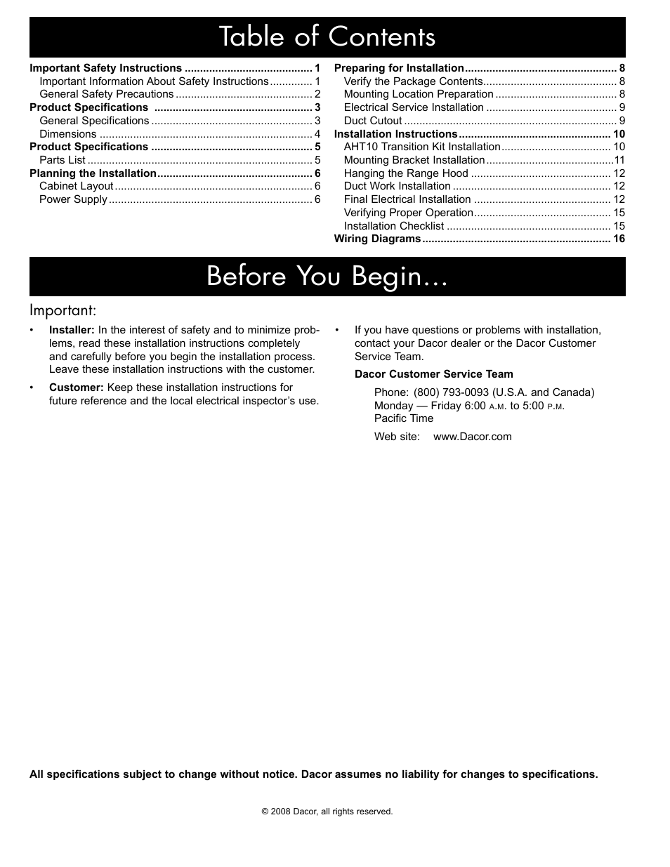 Table of contents before you begin, Important | Dacor EH36 User Manual | Page 30 / 48