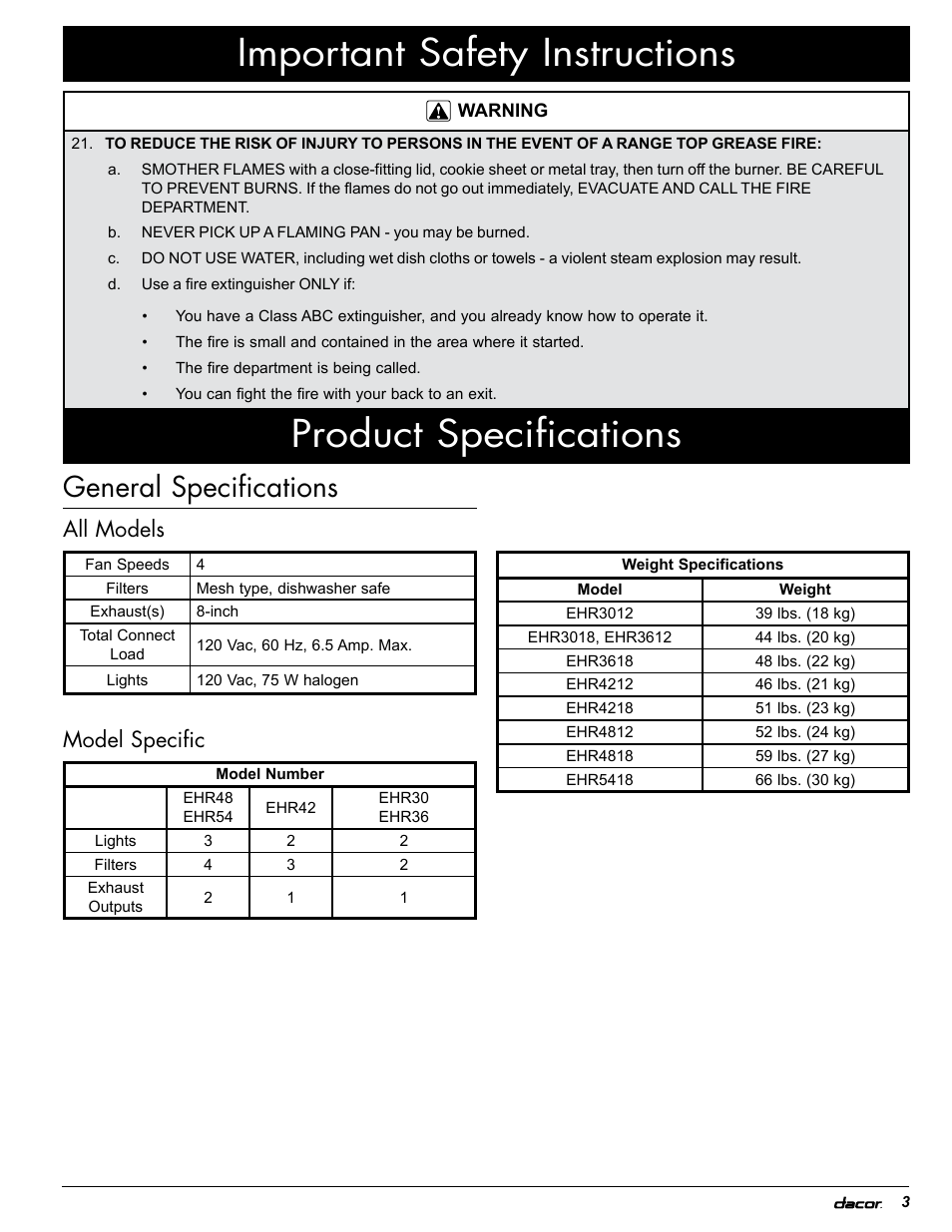 General specifications, All models, Model specific | Dacor EH36 User Manual | Page 33 / 48