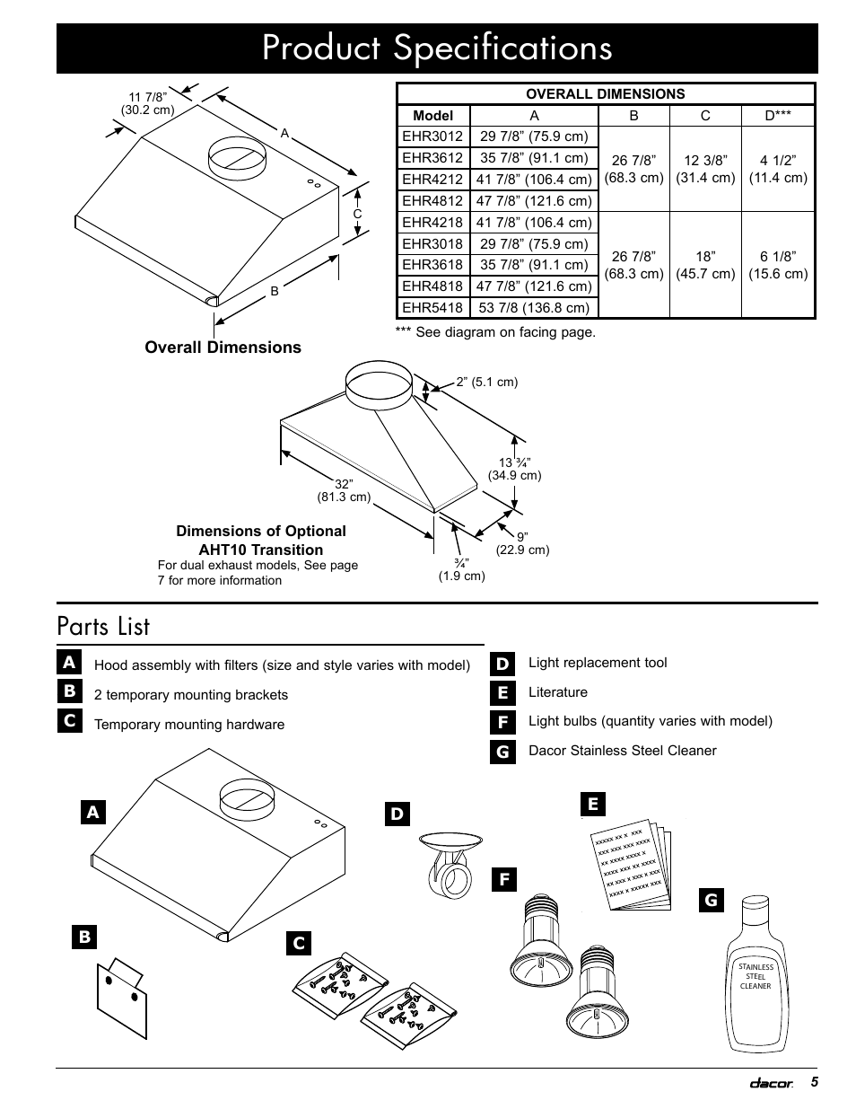 Product specifications, Parts list | Dacor EH36 User Manual | Page 35 / 48