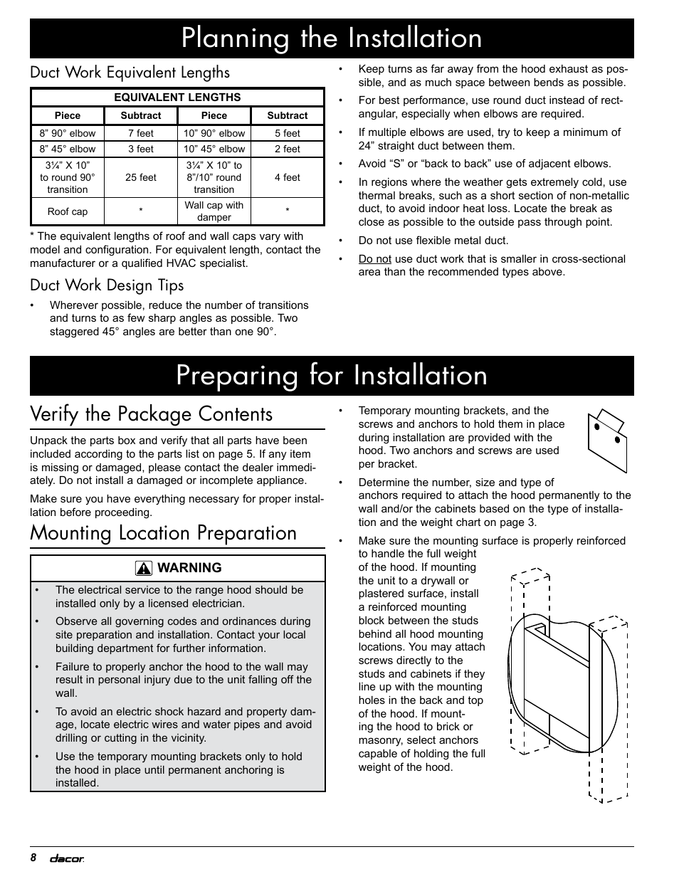 Verify the package contents, Mounting location preparation, Duct work equivalent lengths | Duct work design tips | Dacor EH36 User Manual | Page 38 / 48