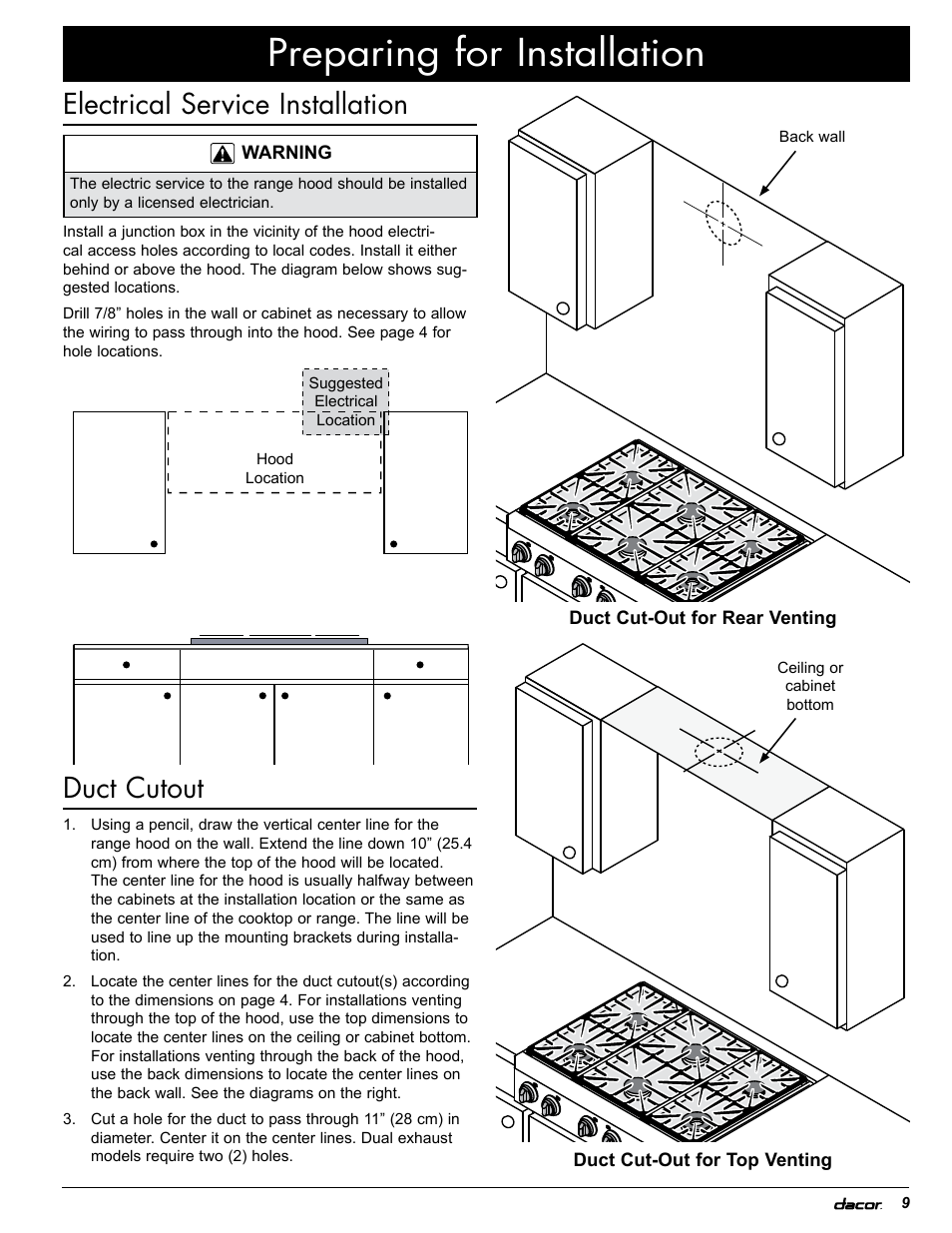 Preparing for installation, Electrical service installation, Duct cutout | Dacor EH36 User Manual | Page 39 / 48