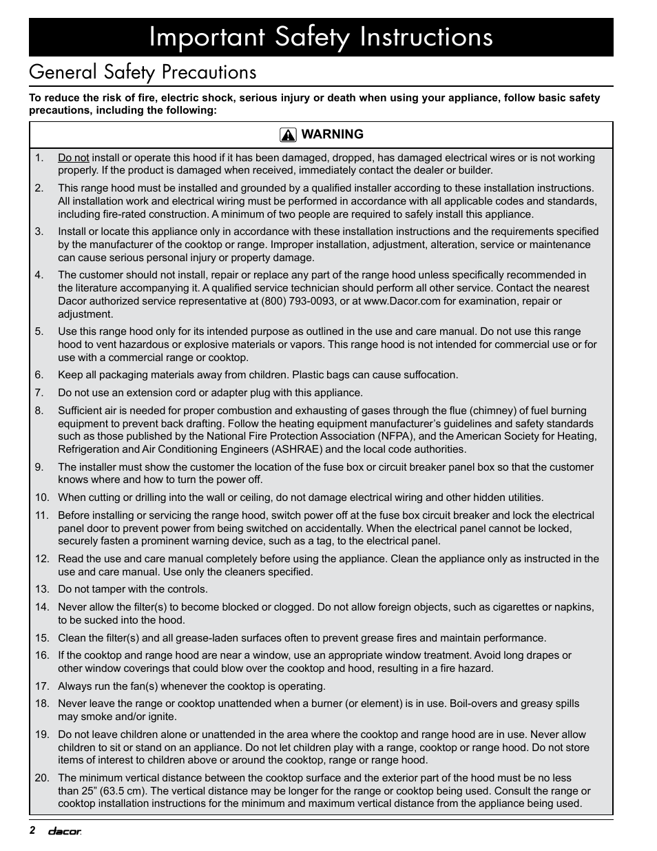 Important safety instructions, General safety precautions | Dacor EH36 User Manual | Page 4 / 48