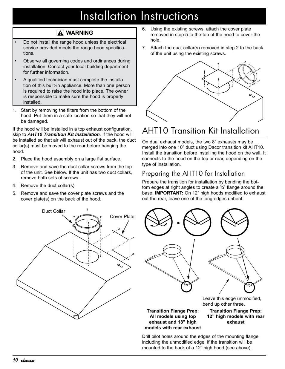 Installation instructions, Aht10 transition kit installation, Preparing the aht10 for installation | Dacor EH36 User Manual | Page 40 / 48