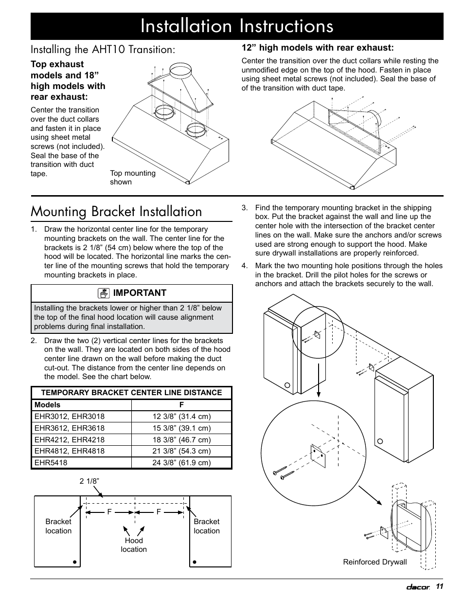 Installation instructions, Mounting bracket installation, Installing the aht10 transition | Dacor EH36 User Manual | Page 41 / 48