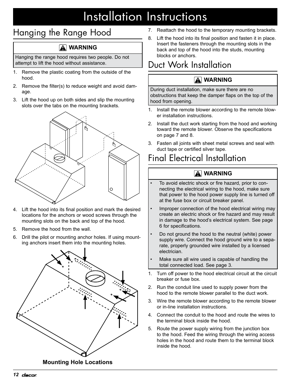 Installation instructions, Hanging the range hood, Duct work installation | Final electrical installation | Dacor EH36 User Manual | Page 42 / 48