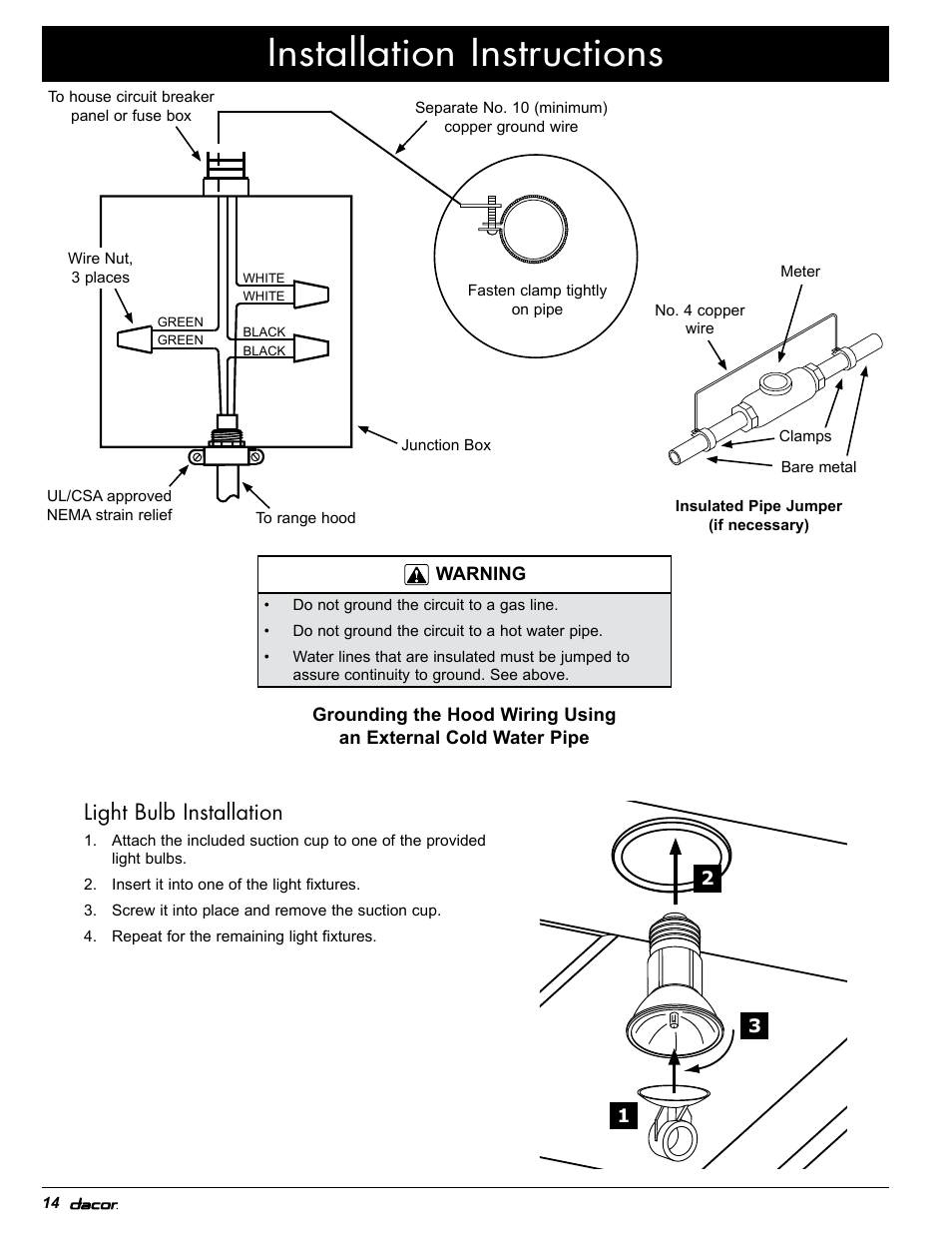 Installation instructions, Light bulb installation | Dacor EH36 User Manual | Page 44 / 48