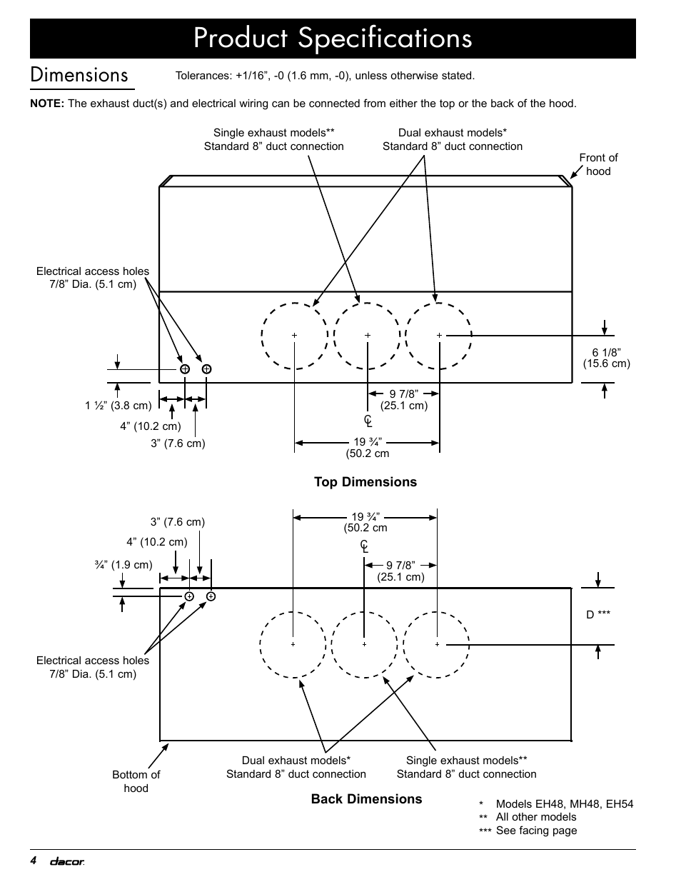 Product specifications, Dimensions | Dacor EH36 User Manual | Page 6 / 48