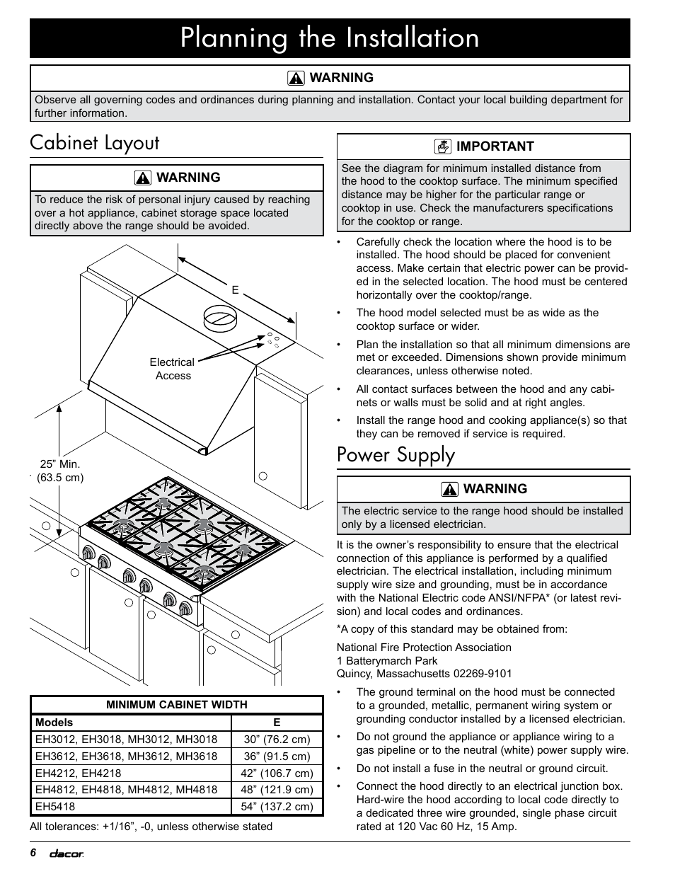 Planning the installation, Cabinet layout, Power supply | Dacor EH36 User Manual | Page 8 / 48