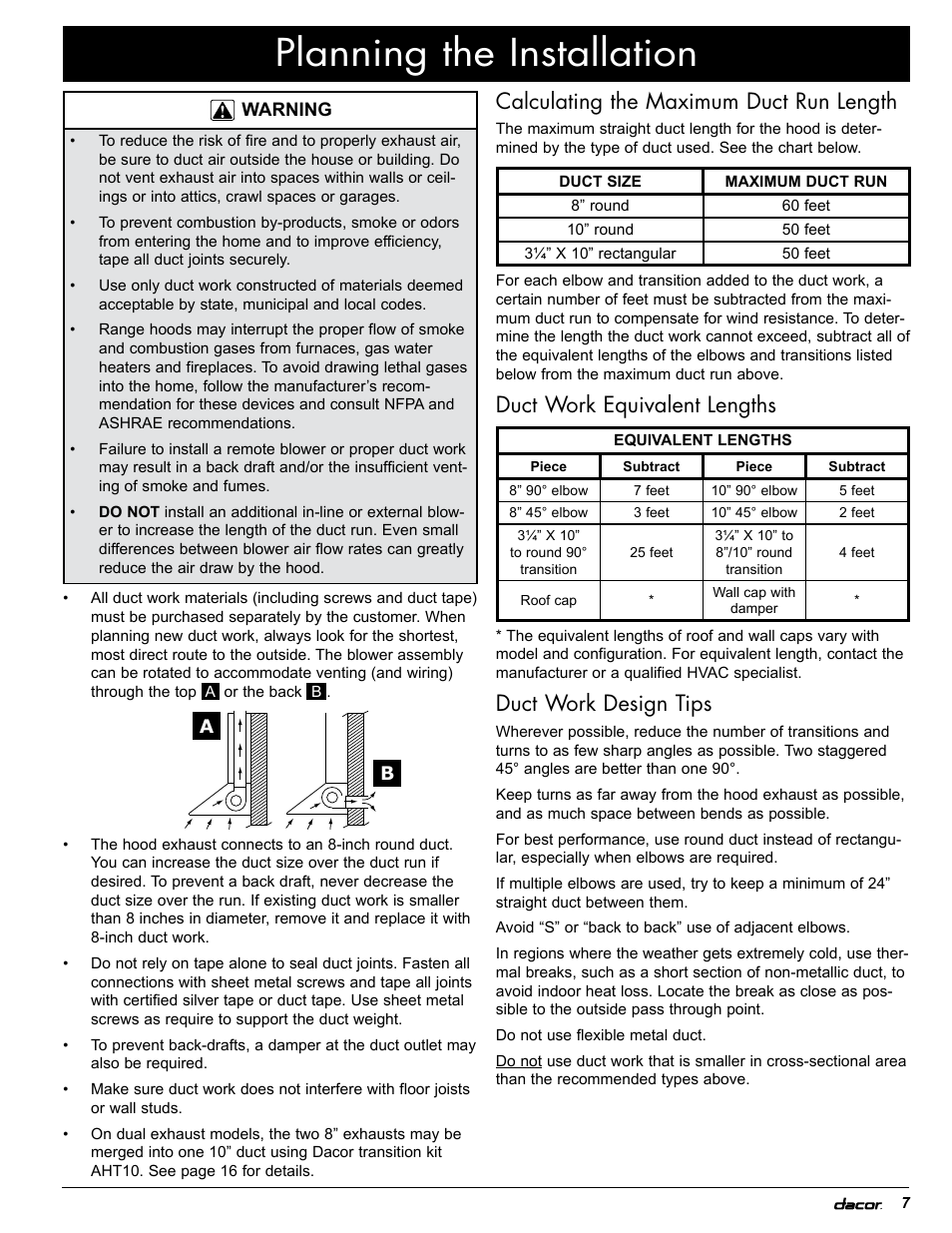 Planning the installation, Calculating the maximum duct run length, Duct work equivalent lengths | Duct work design tips | Dacor EH36 User Manual | Page 9 / 48