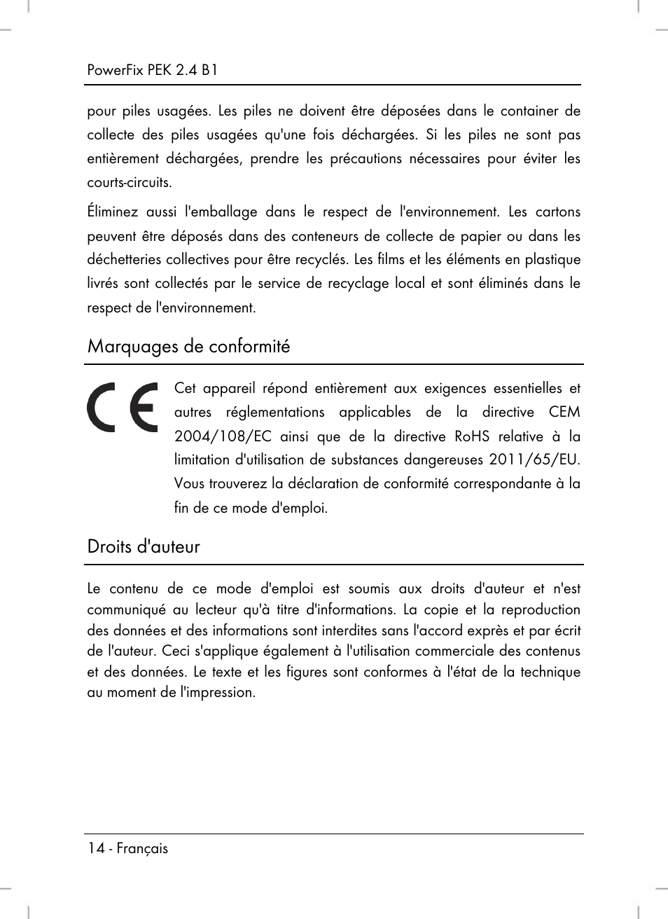 Marquages de conformité, Droits d'auteur | Powerfix PEK 2.4 B1 User Manual | Page 16 / 64
