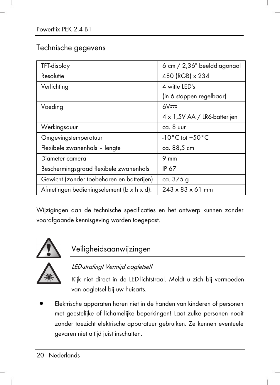 Technische gegevens, Veiligheidsaanwijzingen | Powerfix PEK 2.4 B1 User Manual | Page 22 / 64