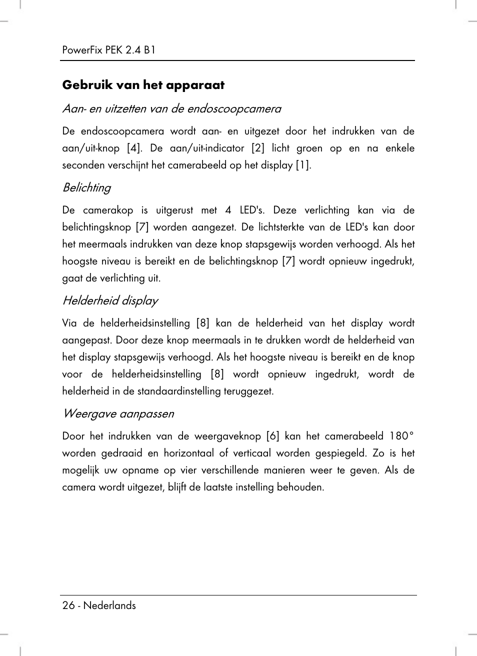 Aan- en uitzetten van de endoscoopcamera, Belichting, Helderheid display | Weergave aanpassen | Powerfix PEK 2.4 B1 User Manual | Page 28 / 64